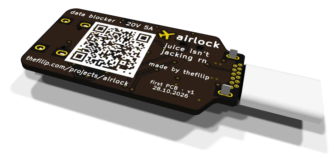 airlock, back side: QR code to this page, "data blocker · 20V 5A", "juice isn't jacking rn"